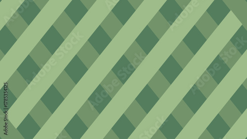 A Seamless Geometric Pattern Featuring Diagonal Intersecting Stripes and Checkerboard Squares, Created Using a Monochromatic Palette of Dark, Medium, and Light Shades of Green