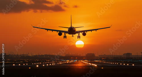 Majestic airplane landing at sunset, vibrant orange sky highlighting the journey, promising travels ahead, perfect for aviation and tourism promotions