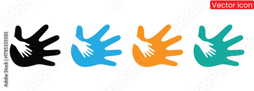 Colorful hand prints representing childhood support design,Charity icons set. Collection of hands, donations, hearts, unity and more. Vector illustration. Easily changes to any color.