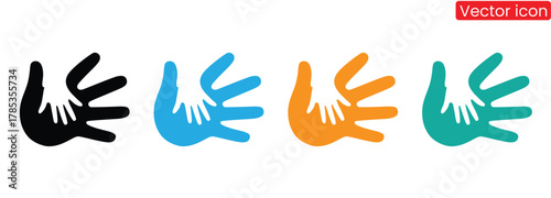 Colorful hand prints representing childhood support design,Charity icons set. Collection of hands, donations, hearts, unity and more. Vector illustration. Easily changes to any color.