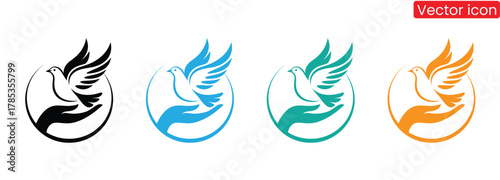 Dove bird logo, pride, love, wings, wildlife, freedom, dove, bird, pigeon logo fully editable vector template,Colorful doves in hands symbolize peace and freedom,