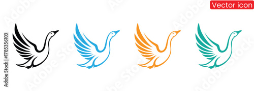 flying goose logo vector icon illustration,Four elegant goose designs with unique, flowing line art,Goose silhouette icon vector flat design on white background.