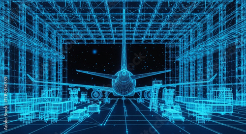 Airplane Hangar with Aircraft and Equipment, Technology Concept, Digital Engineering Environment, Front View