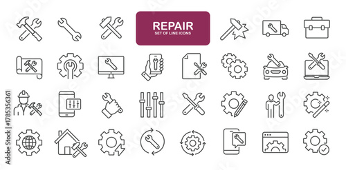 Set of line icons related to repair, screwdriver, engineer, support, setup. Outline icons collection