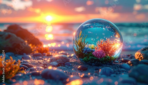 Fototapeta Naklejka Na Ścianę i Meble -  Seascape orb reflects coral reef, sunset beach scene