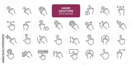 Set of line icons related to gesture, zoom, move, tap, click. Outline icons collection
