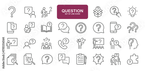 Set of line icons related to question, inforamtion, help, think. Outline icons collection