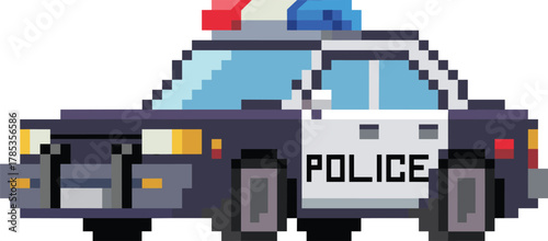 Pixel art police car, black and white body, red blue siren, retro style, vector illustration, digital artwork, law enforcement theme