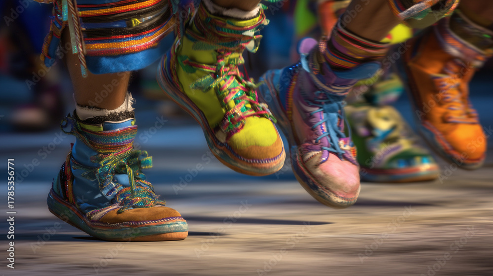 Fototapeta premium Dynamic view of dancers’ colorful sneakers and costumes moving in rhythm during Junkanoo street festival