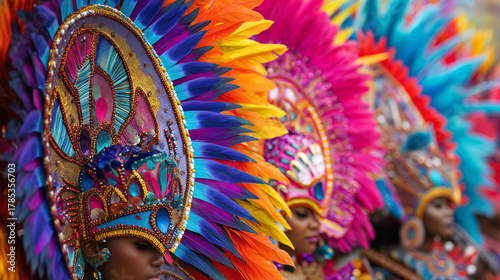 Row of performers wearing vibrant multicolored feathered headdresses at Junkanoo Festival parade in the Bahamas