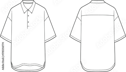 Oversized short-sleeve polo shirt technical drawing flat sketch, showing loose fit, dropped shoulders, button placket, collar, and rounded hem, apparel template vector