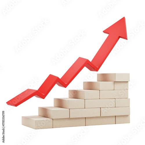 Red arrow graph showing upward trend over stacked beige bricks isolated on transparent background