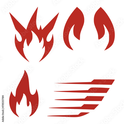 Dynamic Red Flame and Speed Streak Icons Set for Energy, Power, and Fast Concepts