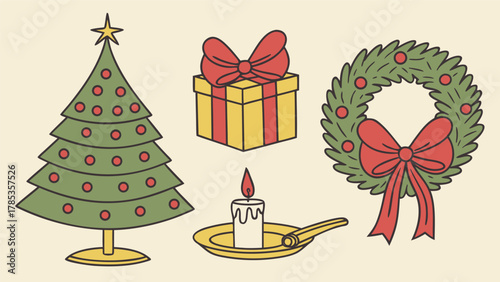 Cozy Christmas object assortment with knitted socks, mugs, cinnamon sticks, oranges, pine branches, cookies, candles, and fairy lights, warm boho holiday vibe