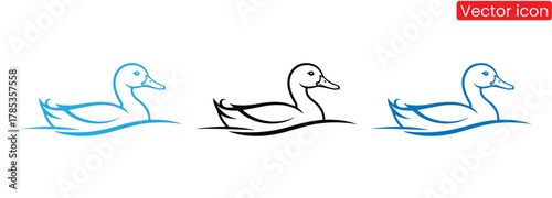 Duck icon flat and simple set design,Elegant duck outlines in blue and black swimming gracefully,Creative duck farm logo design with modern concept premium vector