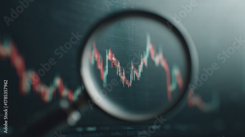 Magnifying glass highlights business growth chart with upward trend. Generative AI analysis financial success stock increase profit investment statistic performance market economy improvement