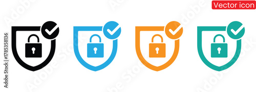 Data security icons showing padlock and shield for secure login,Shield icon set. Protect shield security line icons. Badge quality symbol, sign, logo or emblem.