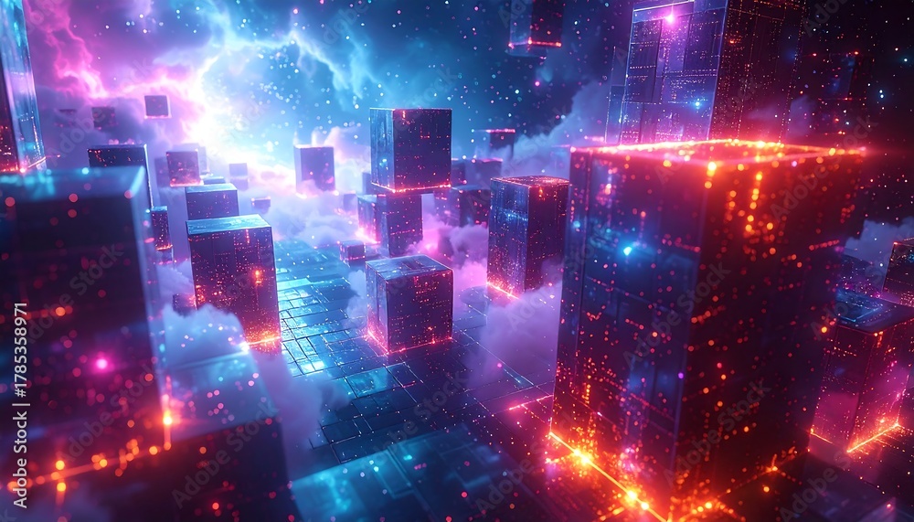 Fototapeta premium Futuristic Cityscape with Neon Lights and Abstract Geometric Shapes.