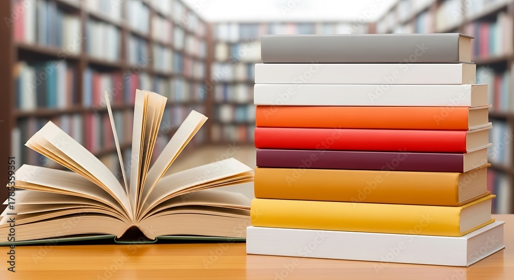 Fototapeta premium An open book and a stack of colorful books on a wooden table in a library setting background image