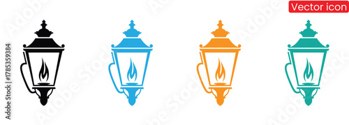 Classic lantern icons with flame in black, blue, orange, teal,Vintage Candle Lantern Black Silhouette Illustration For Decoration And Festive Design Projects,