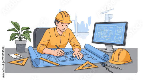 Dedicated architect designing detailed construction blueprints at a desk with engineering tools and digital plans