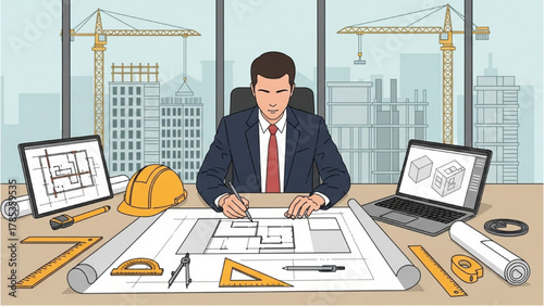 Experienced architect diligently creating building blueprints and urban development plans