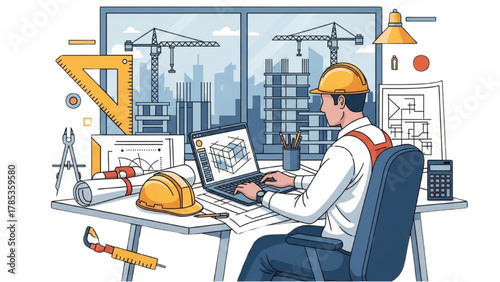 Professional Architect Designing Urban Development Plan with Laptop and Engineering Tools on a Construction Background