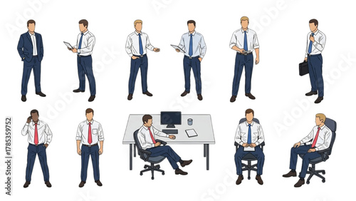 Business professionals standing and sitting in office attire