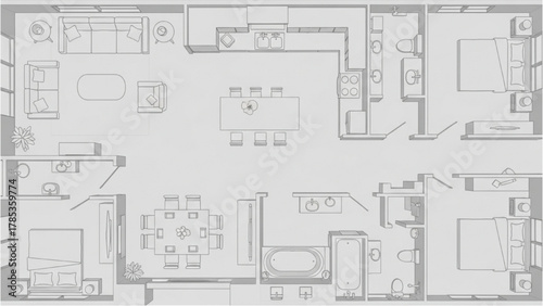 Detailed architectural floor plan showcasing a modern residential house layout with interior furniture concept