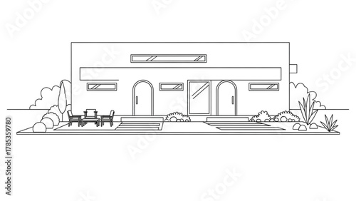Minimalist modern house exterior with a patio and garden in a clean line art style