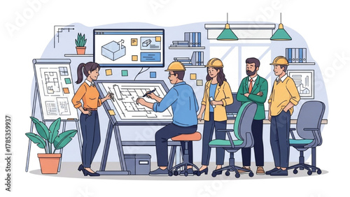 Collaborative architectural design process with a team of engineers and designers reviewing plans