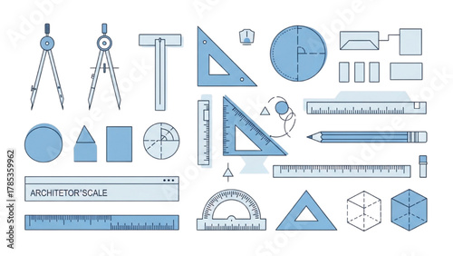 Collection of drawing and measuring instruments for architects and designers
