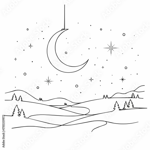 Magical night landscape with crescent moon and starry sky, evokes peace and wonder, perfect for children's books or calming bedtime stories, originally a vector
