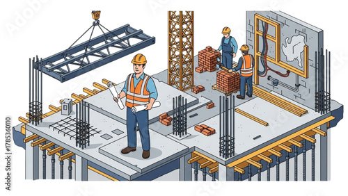 Construction Site Teamwork and Progress Illustration