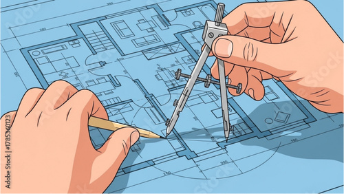 Architectural design and planning process with compass and pencil on blueprint