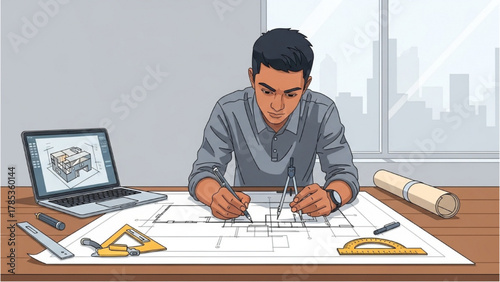 Architect at Work Drawing House Blueprint