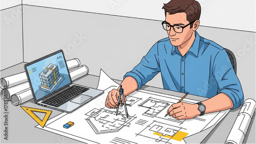 Focused architect at work, designing detailed architectural blueprints with digital tools for urban development