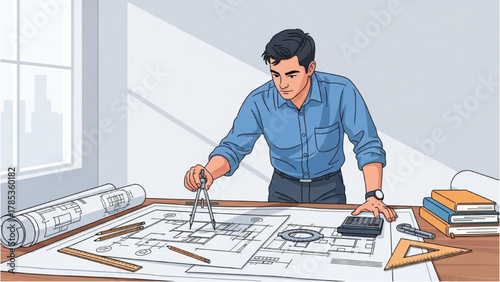 Dedicated architect immersed in detailed blueprint creation, meticulously designing building plans