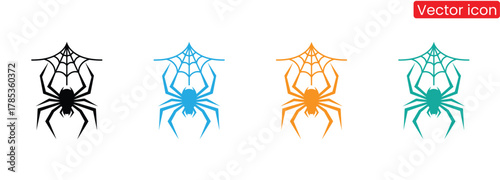 Spooky spider web silhouettes for Halloween decorations,Black spider silhouette hanging on thread. Halloween scary insect vector illustration for decoration, symbol, or spooky design.
