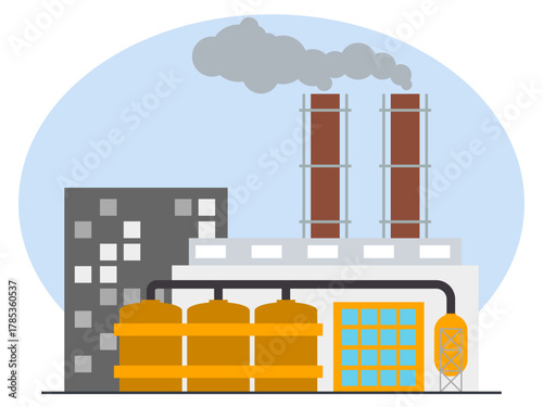 Power chemical or refinery plant industrial factory building. Industry vector illustration. Flat illustration concept.