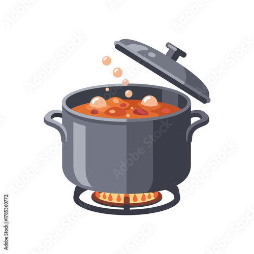 Large cooking pot with steam on stove for home kitchen and food preparation