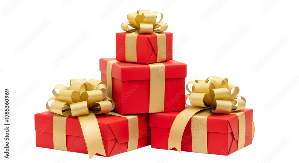 Obraz premium Stack of Red Gift Boxes with Gold Ribbons and Bows on Black Background present isolated on a transparent background