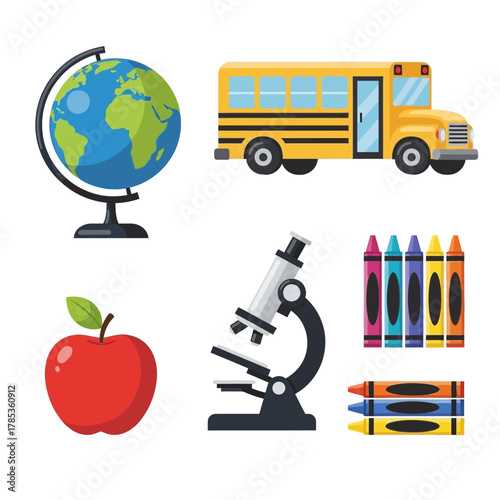 Global education concept with school supplies, world globe, microscope, and apple 