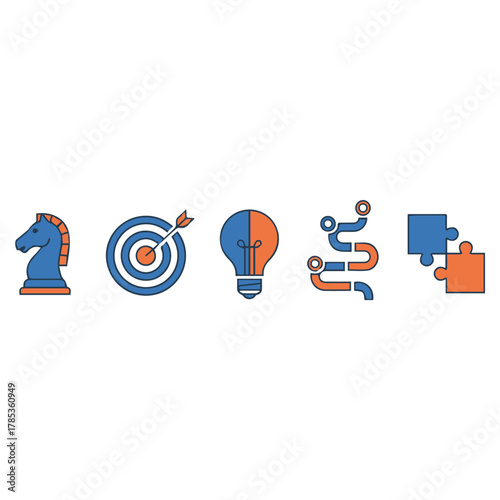  Business Strategy Icons

Flat vector icon set of business strategy symbols — chess piece, target with arrow, lightbulb, roadmap, and puzzle piece 