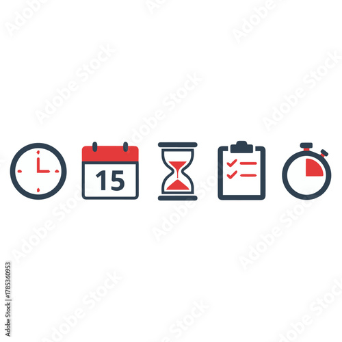 Time & Productivity Icons

Flat vector icon set of time management concepts — clock, calendar, hourglass, checklist, stopwatch 