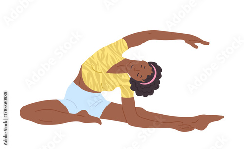 Woman practicing yoga and Pilates exercise cartoon illustration. Young girl in relaxed pose stretching, balance relaxation. Healthy lifestyle fitness, wellness meditation concept in flat graphic style