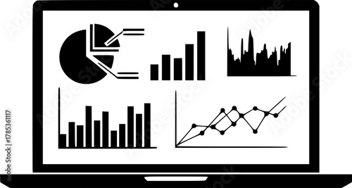 Laptop screen displaying various types of charts silhouette

