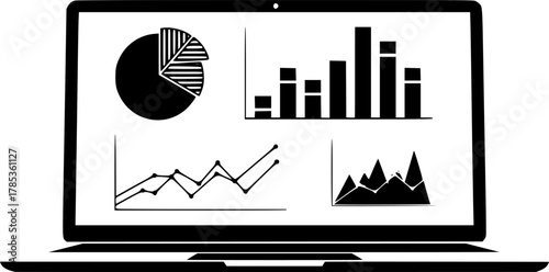 Laptop screen displaying various types of charts silhouette
