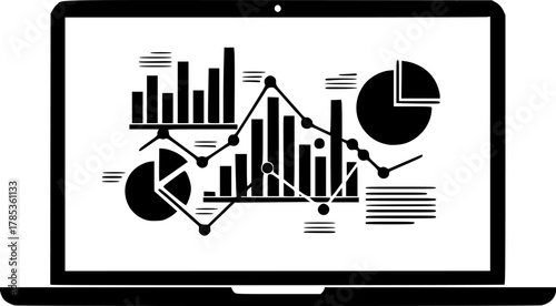 Laptop screen displaying various types of charts silhouette
