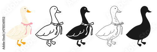 Goose with ribbon symbol cartoon set. Cute adorable farm poultry bird linear doodle icon. Simple stylized sign graphic silhouette shape whimsical husbandry goose animal Easter symbol concept